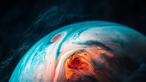 Swirling abstract planet with blue and fiery storm patterns.