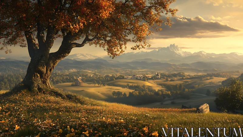 Ancient autumn tree overlooking sunlit storybook valley.