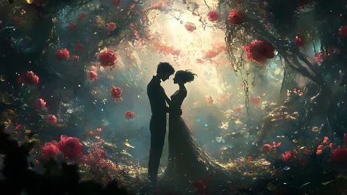 Silhouetted couple embracing amid luminous rose garden.