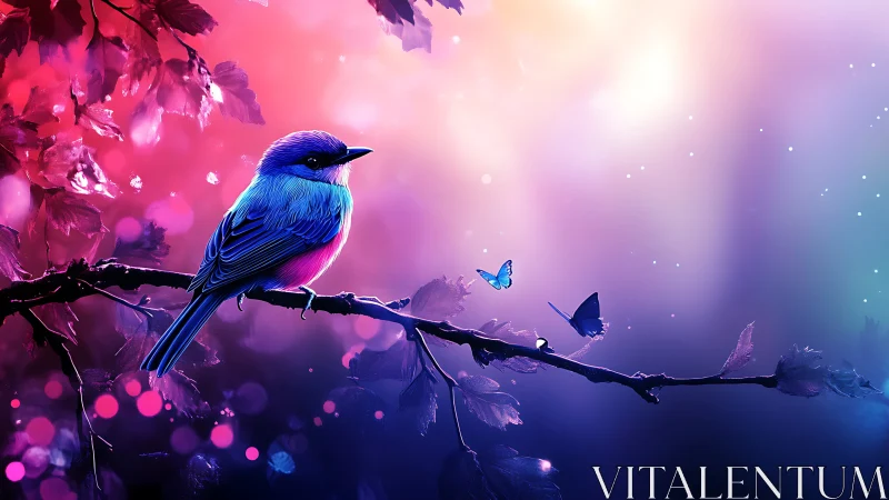 Vibrant blue bird and butterflies on branch in dreamy digital art.