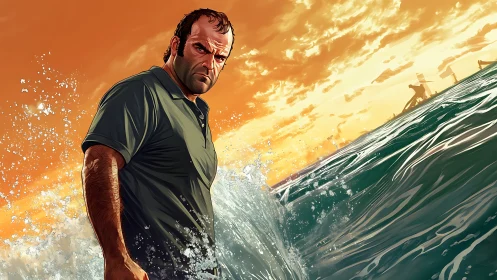 Man stands in breaking surf under orange sunset sky