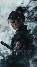 Scarred samurai heroine in swirling ethereal smoke environment.