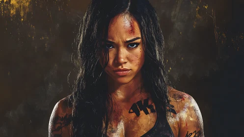 Fierce warrior woman in gritty cinematic portraiture.