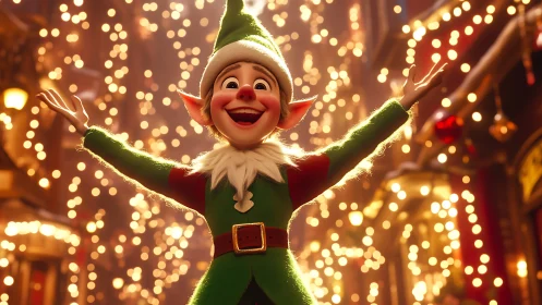 Joyful Christmas elf in sparkling festive city lights.