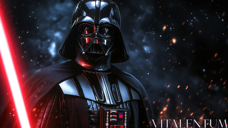 High-gloss black armor with red energy blade in space embers field