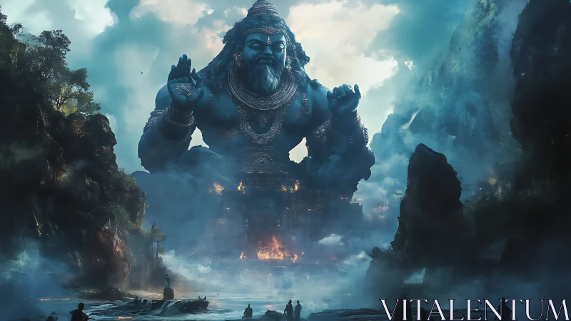 Titanic blue deity rises from mist to guard burning temple
