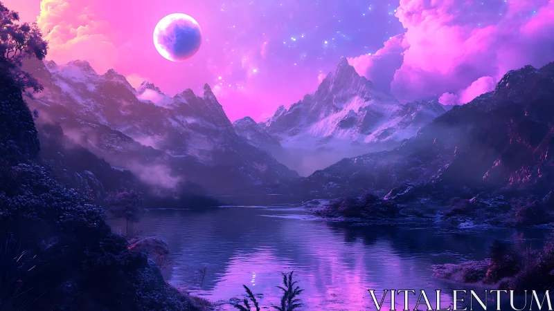 Luminous alien moonrise over radiant violet mountain lake.