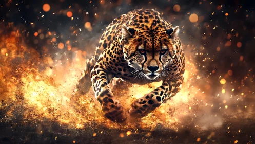 Leopard Emerges from Incandescent Particle Explosion