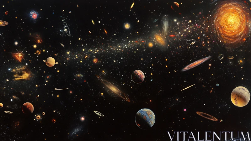 Stellar panorama with multicolored planets and spiraling nebulae.