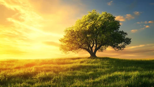 Lone Tree on Grassy Hill at Sunset in Photorealistic Style.