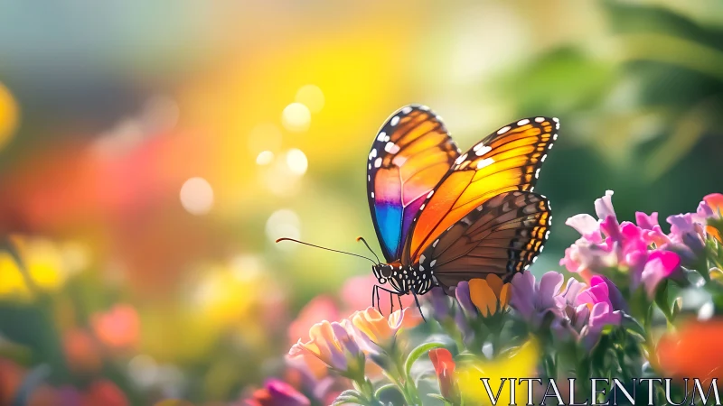 Vibrant monarch butterfly rests on sunlit spring blossoms