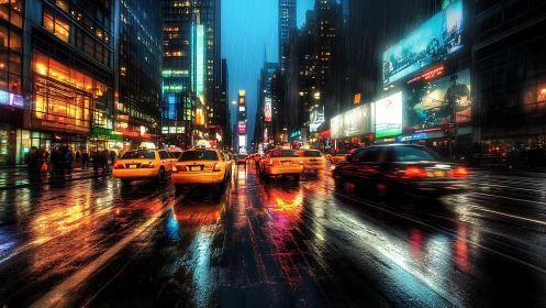 Neon taxis streak through rain as the sleepless city inhales light