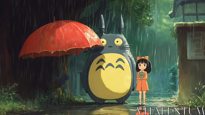 Anime rainy street tableau with child and forest spirit duo.