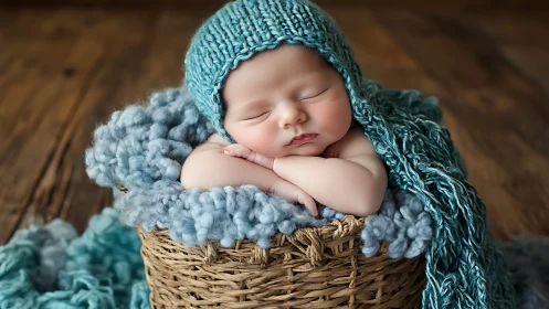 Sleeping Newborn in Woven Basket with Blue Knit Wraps.