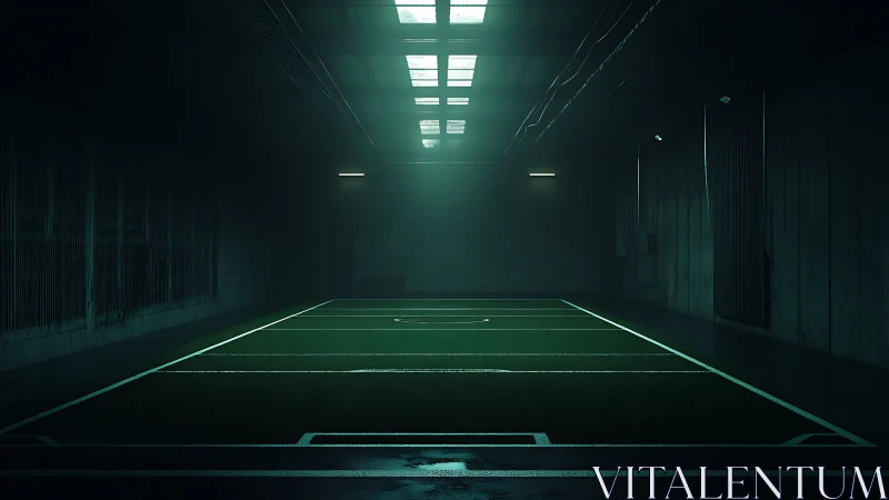 Quiet indoor football field waits under moody green lights