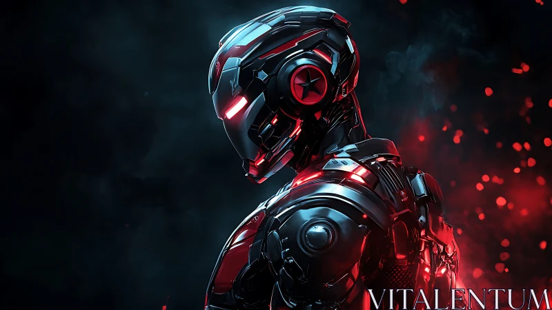 Crimson warframe sentinel burns through the neon dark.