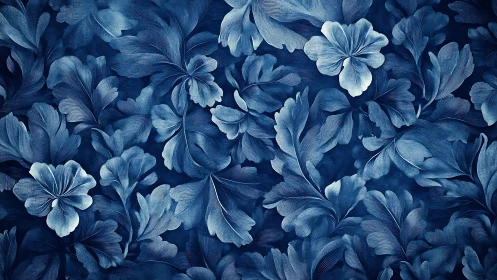 Flowing indigo foliage pattern with etched floral contours.
