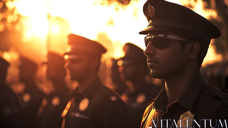 Police officers stand in formation under strong sunset backlight