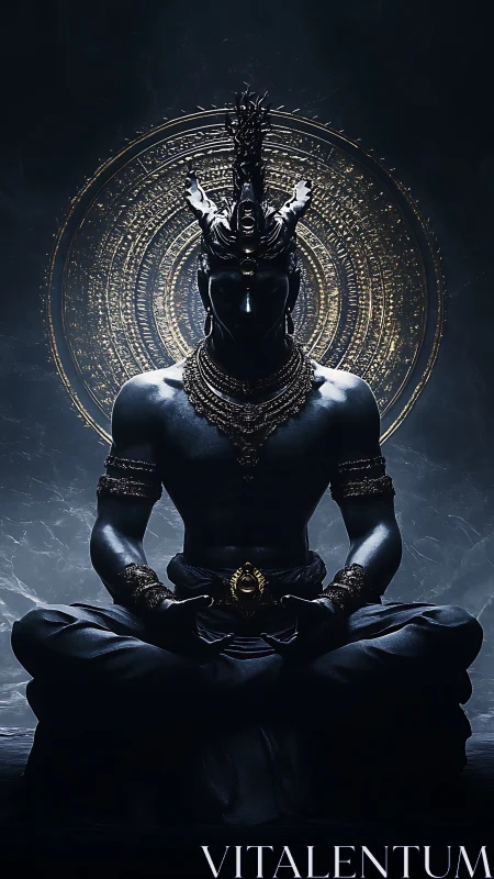 Dark divine figure meditating before radiant golden halo.