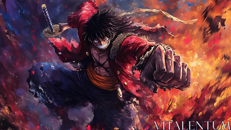 Dynamic anime hero charging through explosive brush flames.