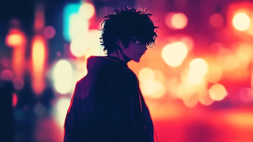 Solitary anime figure walks through neon city haze at night.