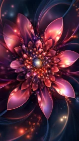 Radial fractal flower with luminous glasslike petals and bokeh glow