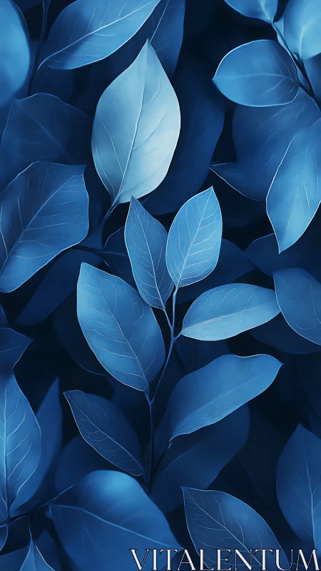 Monochrome blue foliage pattern with layered botanical leaves.