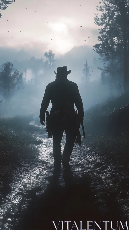 Lone dusk gunslinger strolls into a moonwashed wild silence