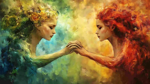 Dual elemental female portraits meet in abstract chromatic space