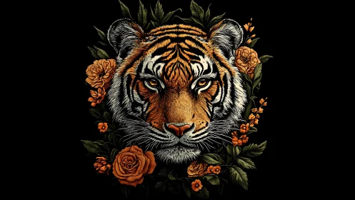Regal tiger gazes calmly amid blooming orange garden roses