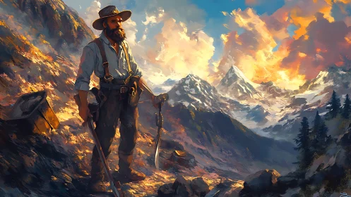 Sunlit mountain prospector pauses in a glowing alpine dawn