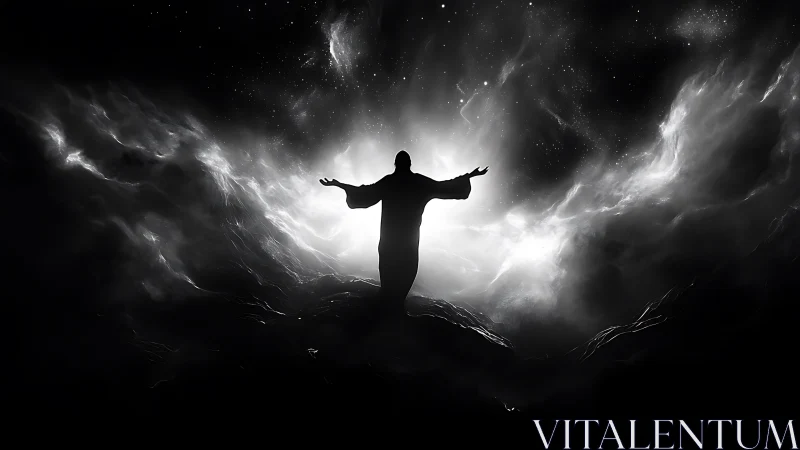 Silhouetted figure welcomes radiant cosmic storm in light.