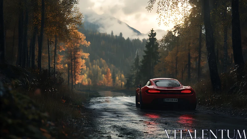 Red sports car on wet forest road in autumn rain.