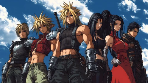 Heroic anime squad under expansive dynamic sky backdrop.