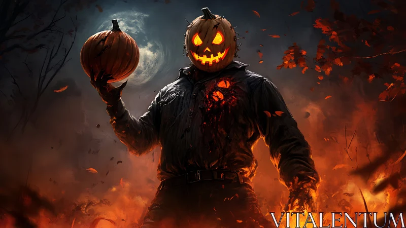 Menacing pumpkin-headed figure stalks through fiery night