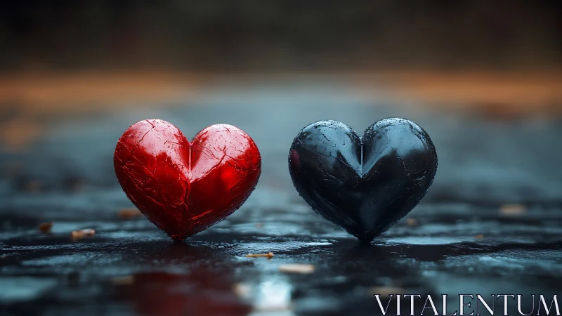 Contrasting Red and Black Hearts on Wet Stone Surface.