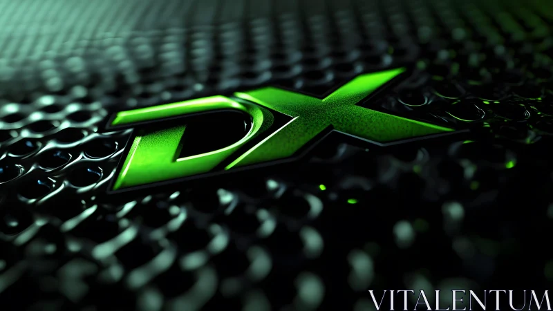 Futuristic green DX logo on metallic textured surface digital art.