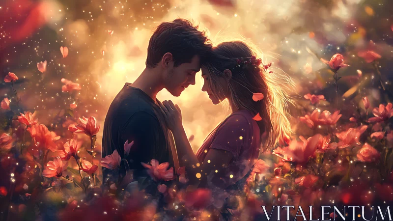 Couple in Golden Flower Field with Ethereal Light.