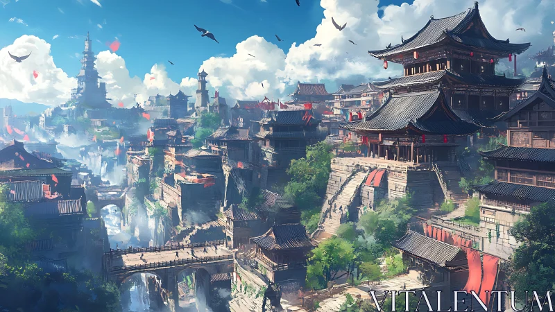 Elevated riverside city with tiered wooden temple complexes.