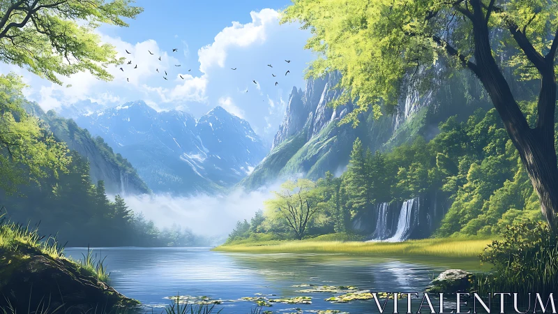 Mountain valley lake reflects forested cliffs and waterfalls