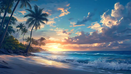Tropical shoreline with palm trees at low sun over ocean.