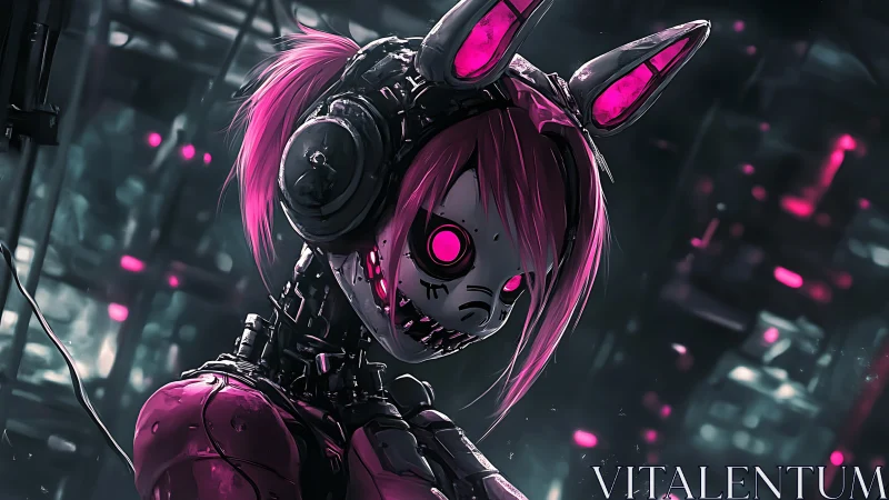 Cybernetic bunny girl with neon pink eyes in dark city.