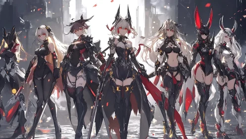 Cybernetic Valkyrie squad in symmetrical urban anime tableau.