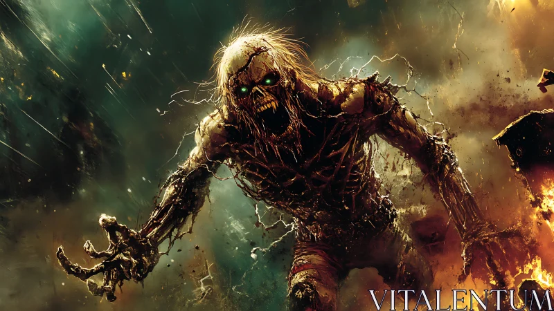 Undead creature lunges through inferno with corroded skeletal frame.