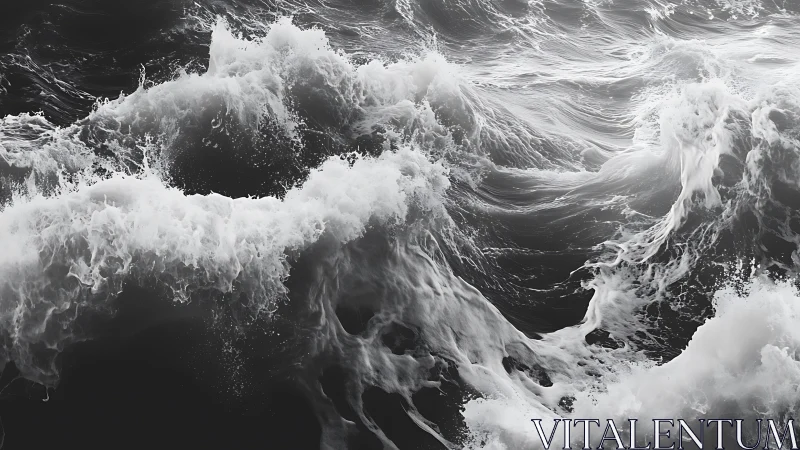Monochrome storm waves carve high-contrast ocean surface.