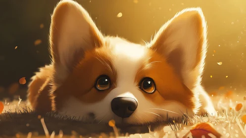 Golden hour digital portrait of corgi puppy in autumn field