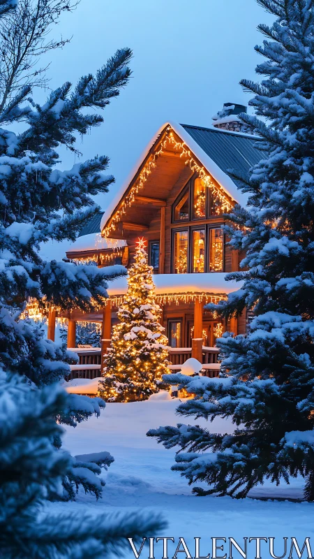 Snow-covered wooden house displays exterior winter lighting