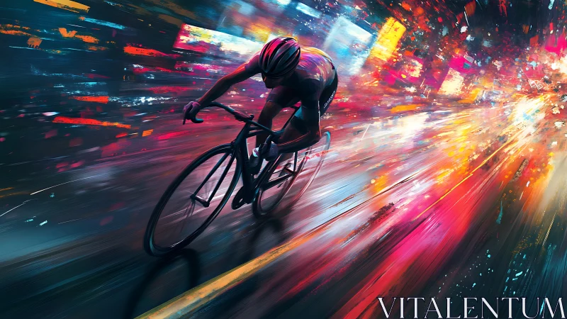 High-speed cyclist silhouette rendered with kinetic motion blur and chromatic city lighting