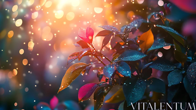 Botanical subject displaying water droplets under diffused luminescence with bokeh effects
