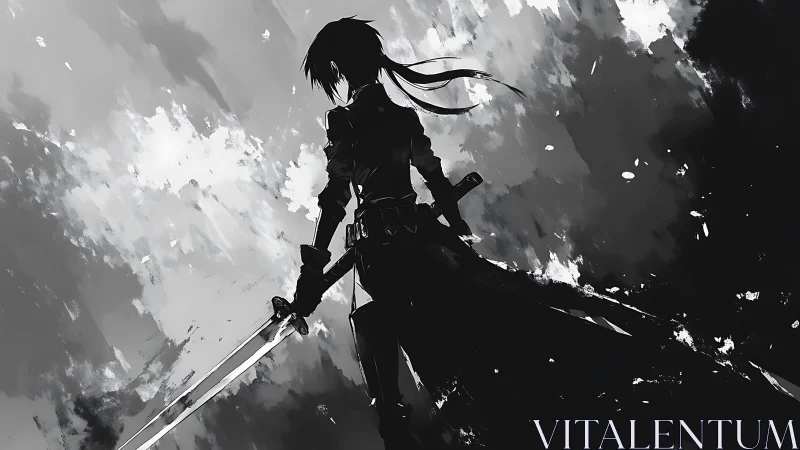 Lone silhouette swordsman cleaves light from stormy shadows.